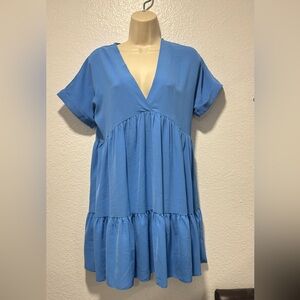 SHEIN Sky Blue V-Neck Ruffle Dress